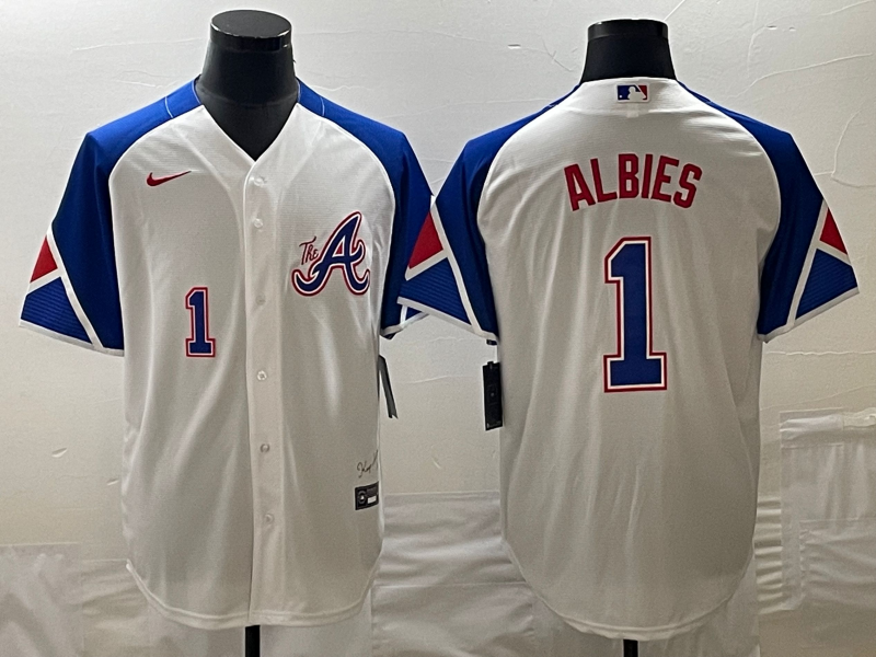 Men's Atlanta Braves #1 Ozzie Albies White 2023 City Connect Cool Base With Patch Stitched Baseball Jersey Men's Atlanta Braves #1 Ozzie Albies White 2023 City Connect Cool Base With Patch Stitched Baseball Jersey